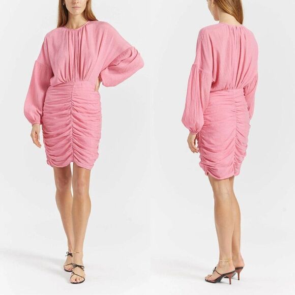 Rodebjer Adilah Ruched Long Balloon Sleeve Mini Dress in Moroccan Rose Pink - Picture 2 of 15